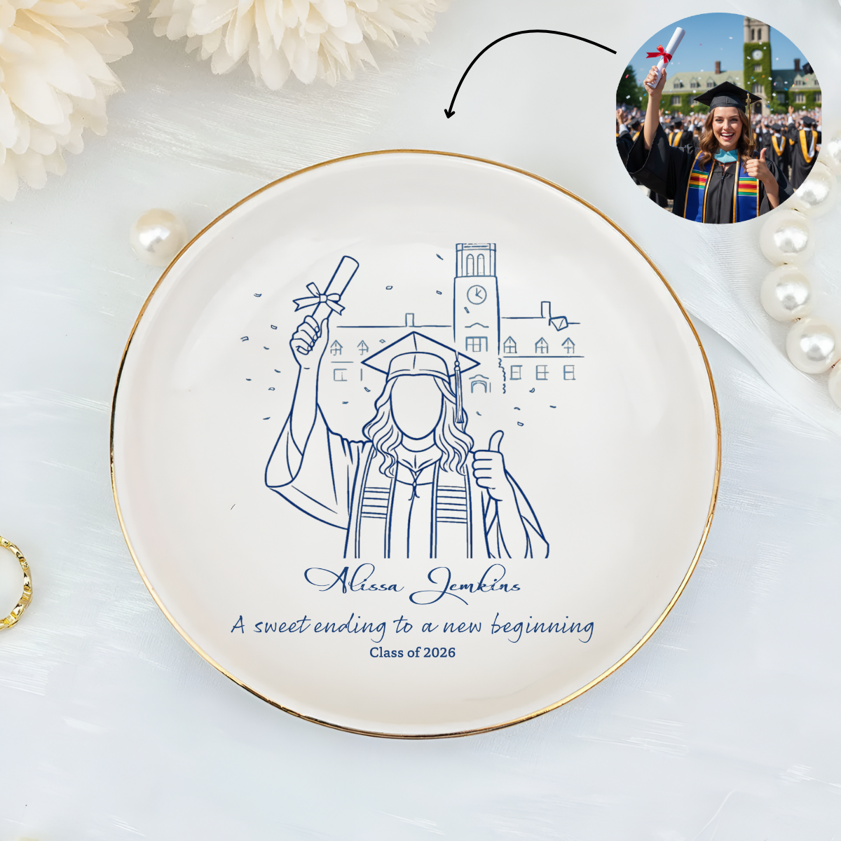 Custom Photo Graduation Jewelry Plate - Personalized Class of 2026 Gift - Congratulations Ceramic Ring Dish