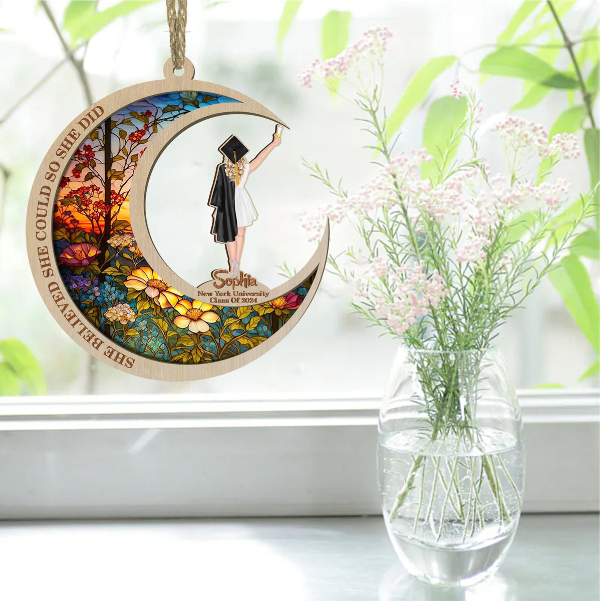 She Believed She Could So She Did - Personalized Suncatcher Ornament - Gift For Graduation Day, School Graduation, Grad Gift