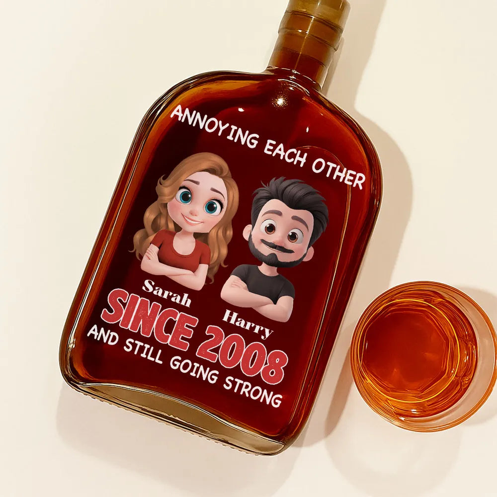 Annoying Each Other And Still Going Strong Cartoon Couple - Personalized Whiskey Bottle - Gift For Couple, Anniversary Gift