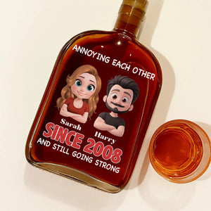Annoying Each Other And Still Going Strong Cartoon Couple - Personalized Whiskey Bottle - Gift For Couple, Anniversary Gift
