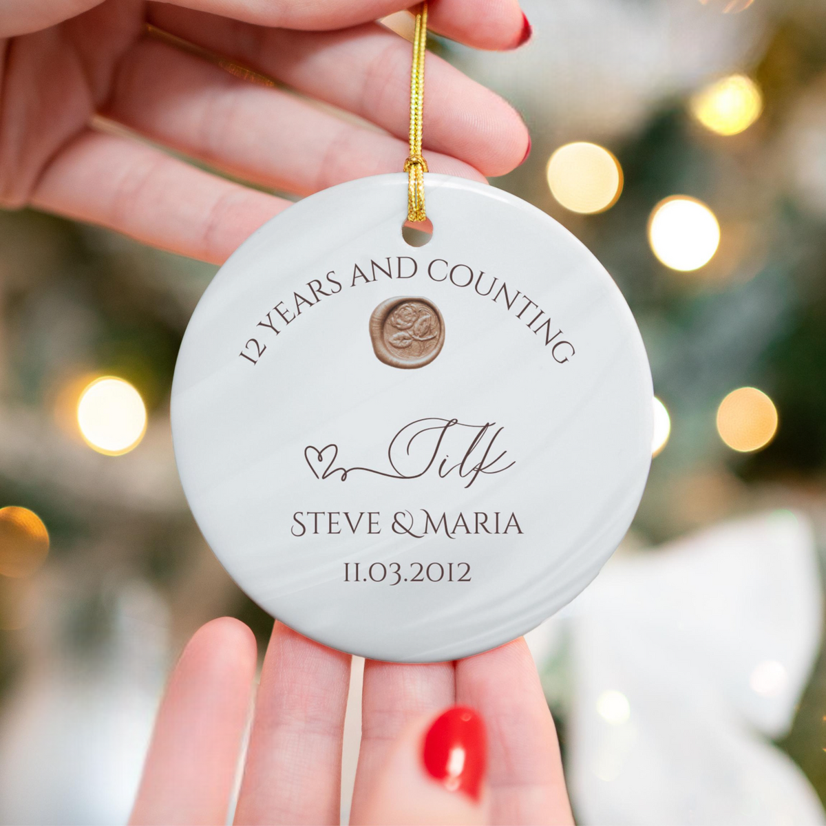 Personalize 12th Anniversary Ornament, Silk Wedding Anniversary Gift, Twelfth Year Anniversary Ceramic Ornament, 12 Years Married Keepsake Gift