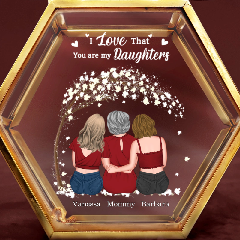The Love Between Mother & Daughters Is Forever Blossom Tree - Personalized Hexagonal Glass Ring Box - Gift For Daughter From Mom, Mother's Day, Birthday Gift