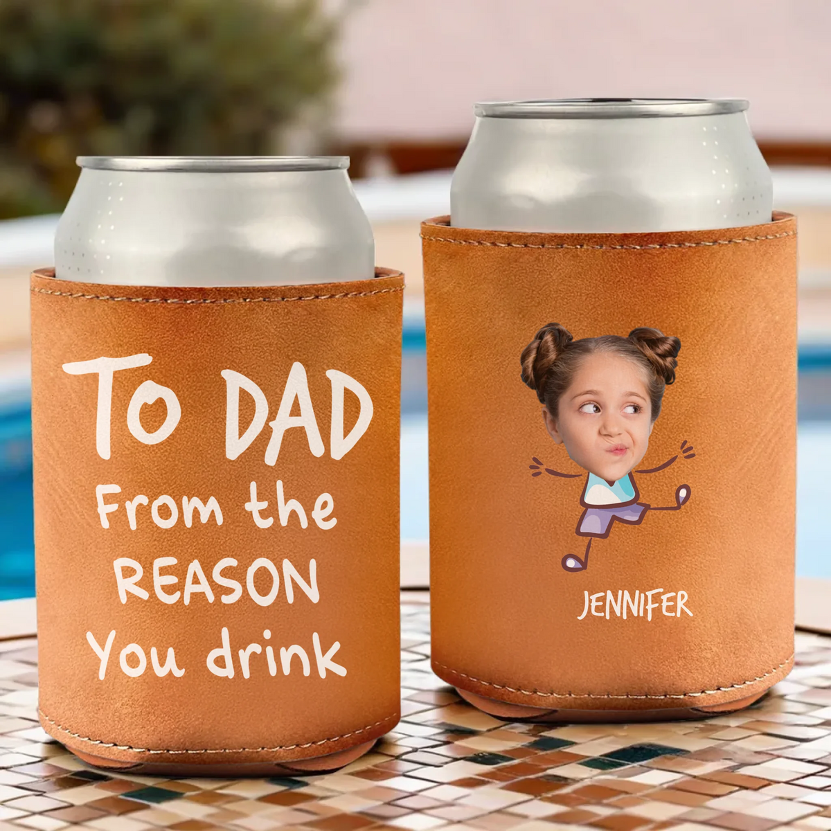 From The Reason You Drink Custom Kid's Photo - Personalized Leather Can Cooler - Gift For Dad, Grandpa, Father's Day Gift