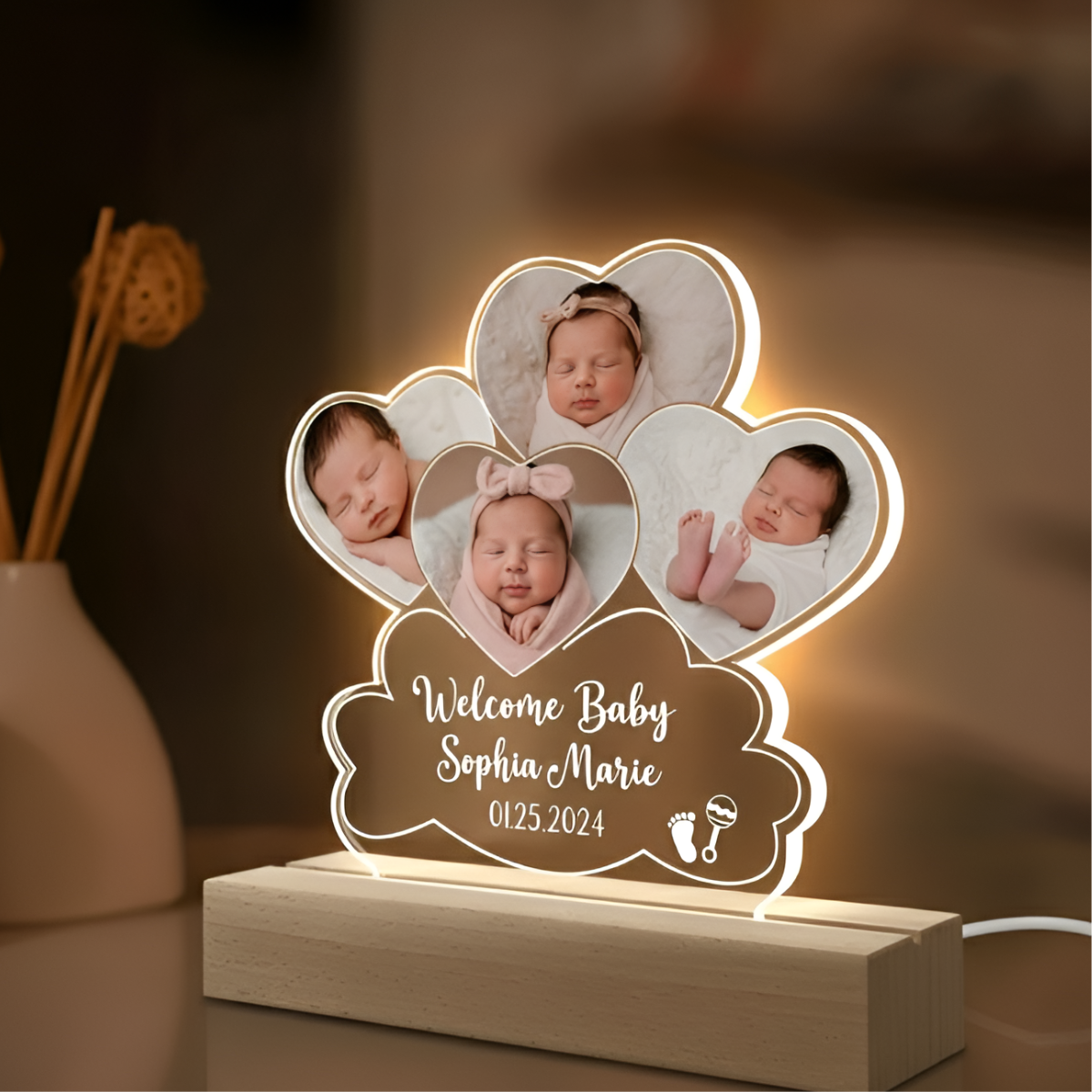 Custom Baby Photo Night Light, Personalized 3D LED Light Wooden Base, Gift To Adore Your Baby, Baby Keepsake Gift, New Mom Gift