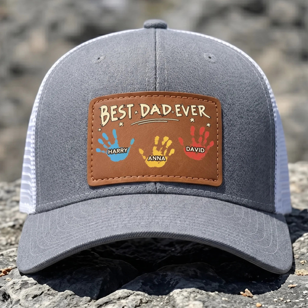 Best Dad Ever Hand Prints - Personalized Leather Label Net Hat - Gift For Father, Grandpa, Father's Day Gift
