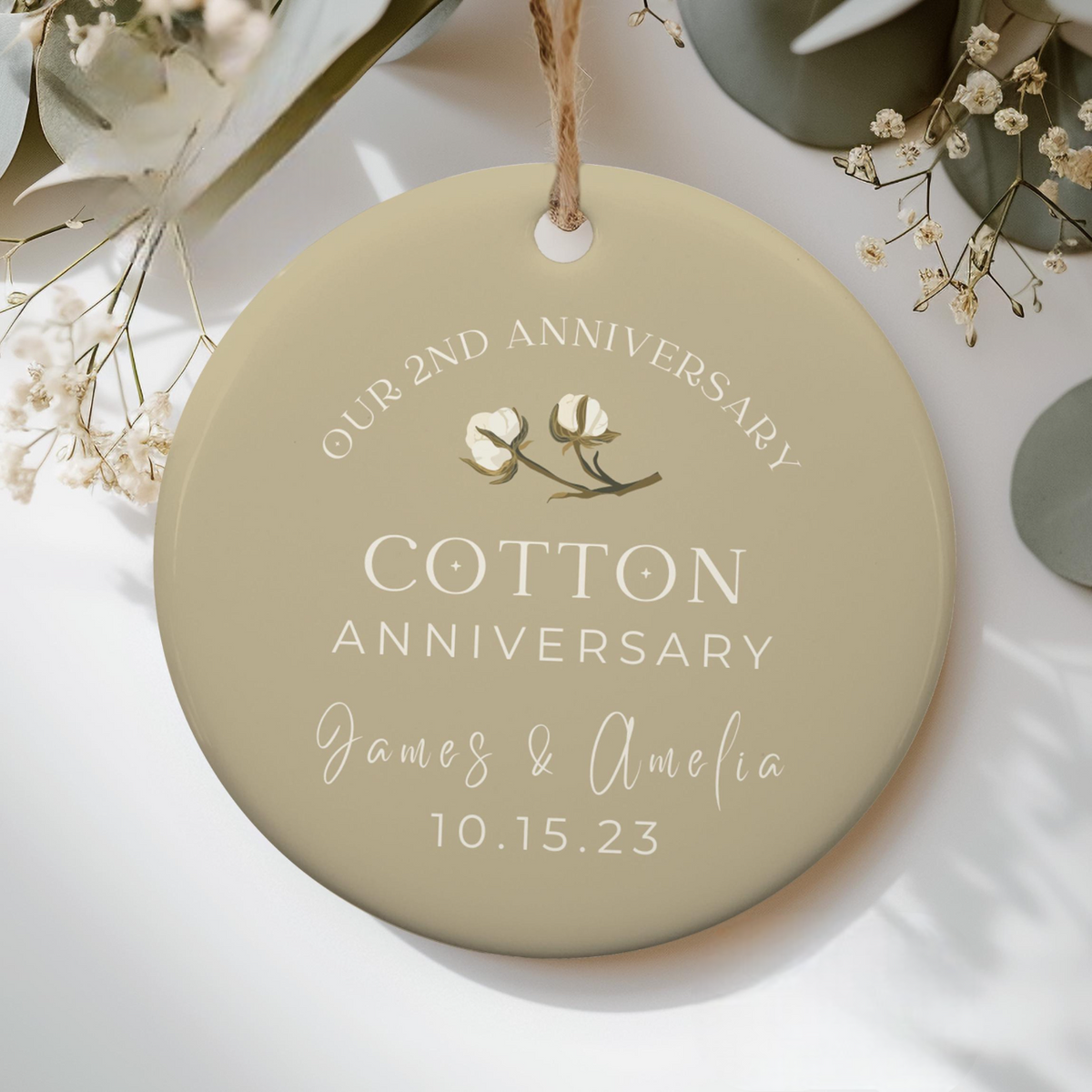 Personalized 2nd Anniversary Ornament, Cotton Wedding Anniversary Gift, Two Year Anniversary Ceramic Ornament, 2nd Year Gift For Husband Wife