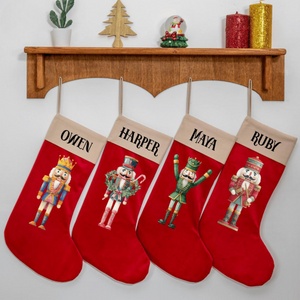 Personalized Velvet Christmas Stocking with Nutcracker Soldier Design, Custom Name Stocking, Elegant Velvet Xmas Decor, Gift for Families