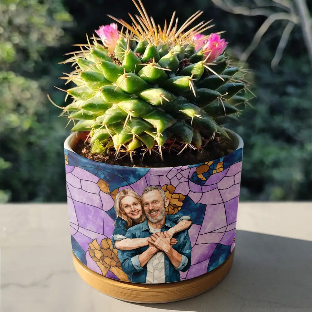 Custom Photo Stained Glass Portrait Family Photo - Personalized Ceramic Plant Pot - Gift For Mother, Grandma, Family