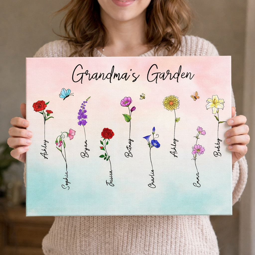 Birth Month Flower Gift For Grandma - Personalized Canvas - Gift For Mom Grandma, Mother's Day Gift