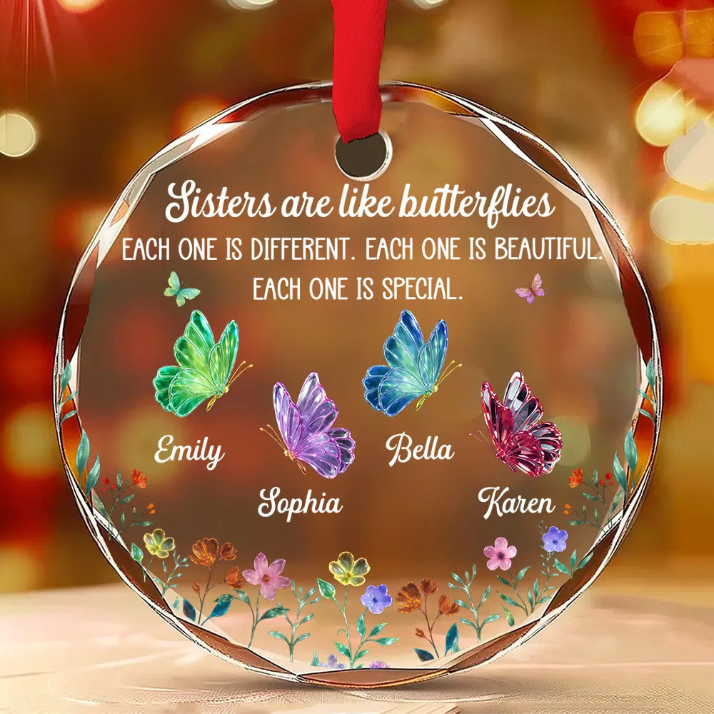 Sister Love Glass Butterflies - Personalized Crystal Ornament - Christmas Gift For Sisters, Besties