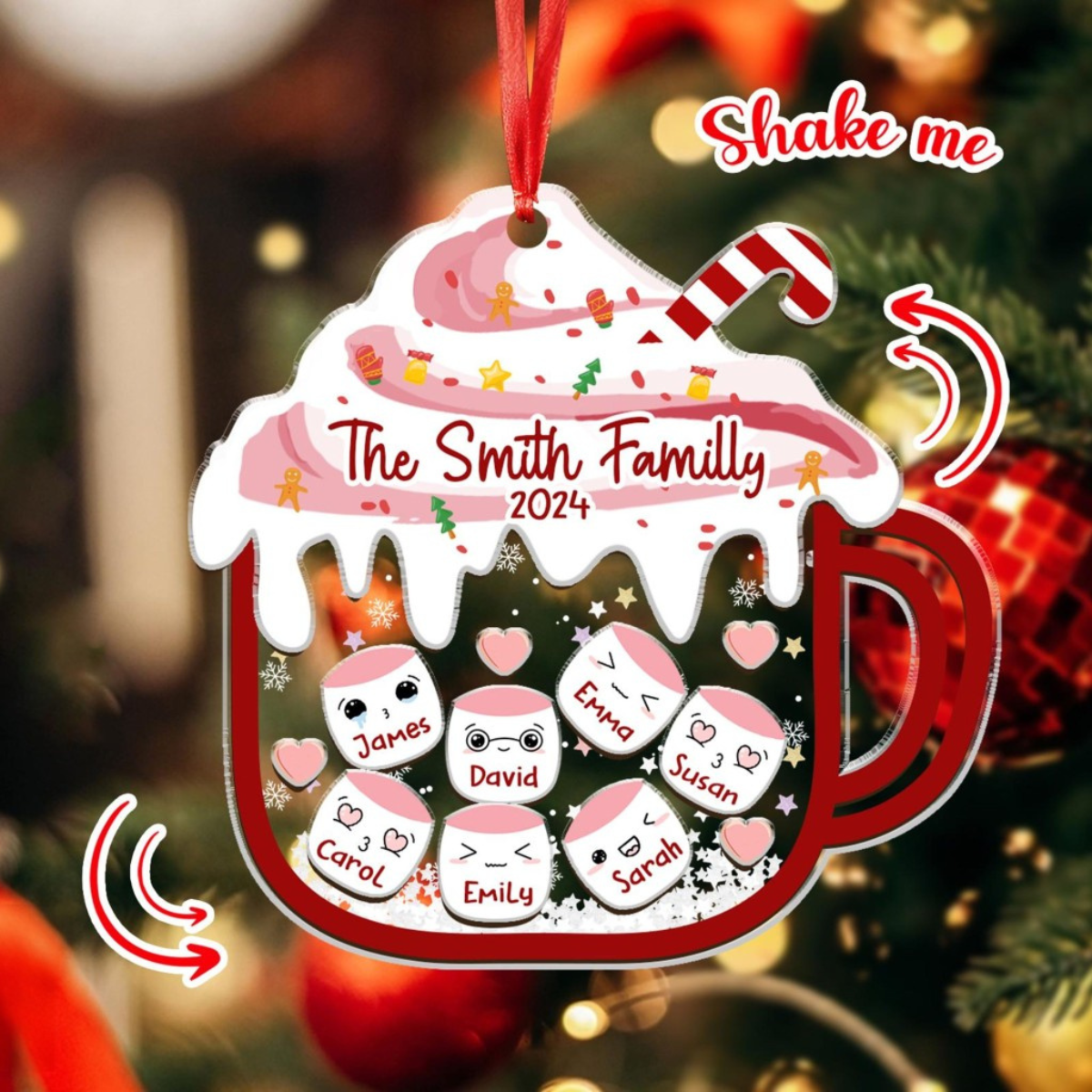 Personalized Family Names 4D Shaker Ornament, Family Hot Cocoa Ornament, Marshmallow Ornament, Custom Name Ornament, 2024 Holiday Gifts
