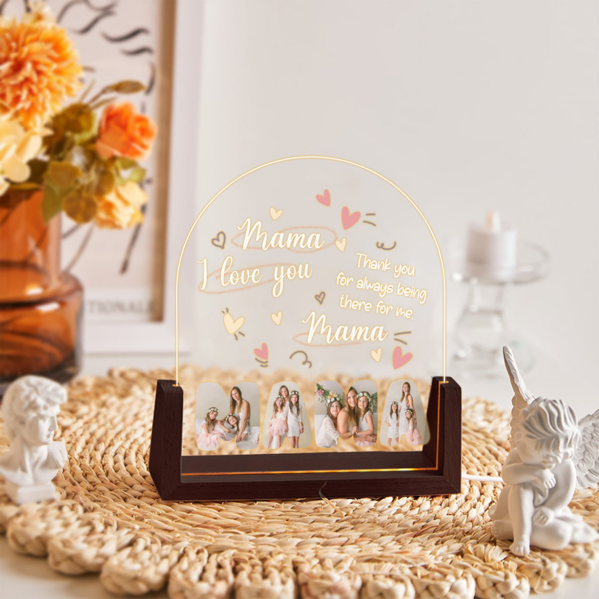 I Love You Mama - Personalized Photo Mom Plaque Light with Stand Gifts for Mom, Grandma, 3D LED Light Wooden Base