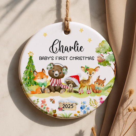 Personalized Baby's First Christmas Ornament 2025, Woodland Animals Christmas Keepsake