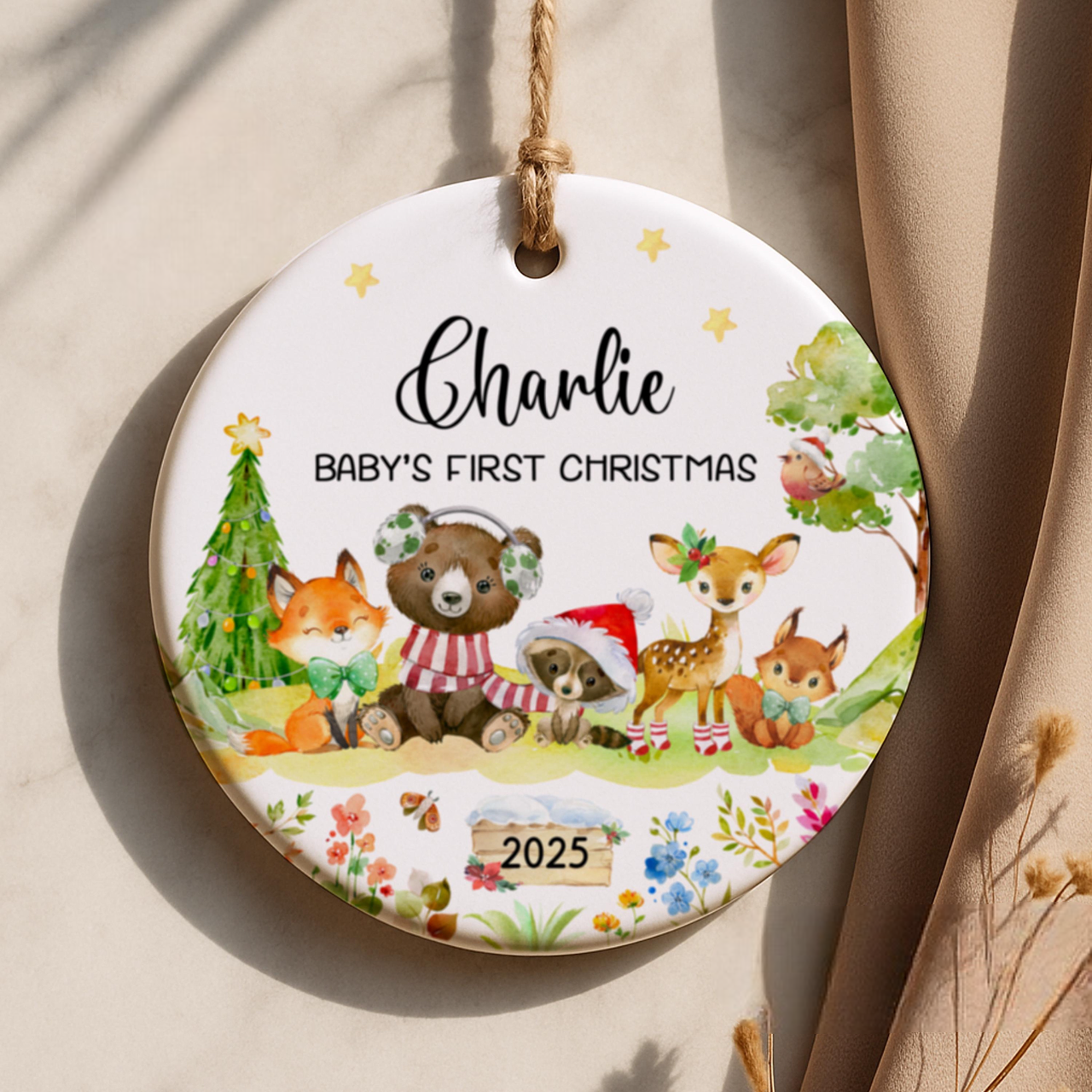 Personalized Baby's First Christmas Ornament 2025, Woodland Animals Christmas Keepsake
