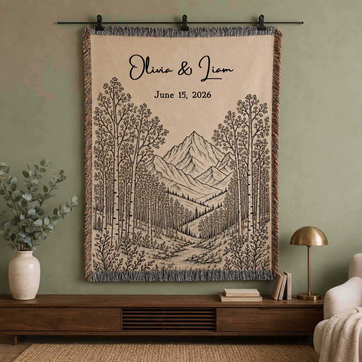 Personalized Mountain Woven Blanket, Custom Couple Name Date Throw, Forest Wedding Gift, Cotton Anniversary Gift for Couples Nature Lovers