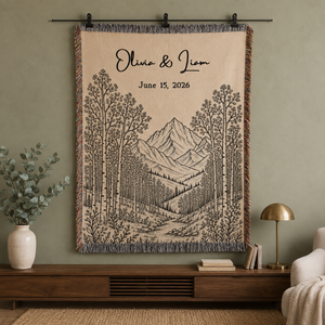 Personalized Mountain Woven Blanket, Custom Couple Name Date Throw, Forest Wedding Gift, Cotton Anniversary Gift for Couples Nature Lovers