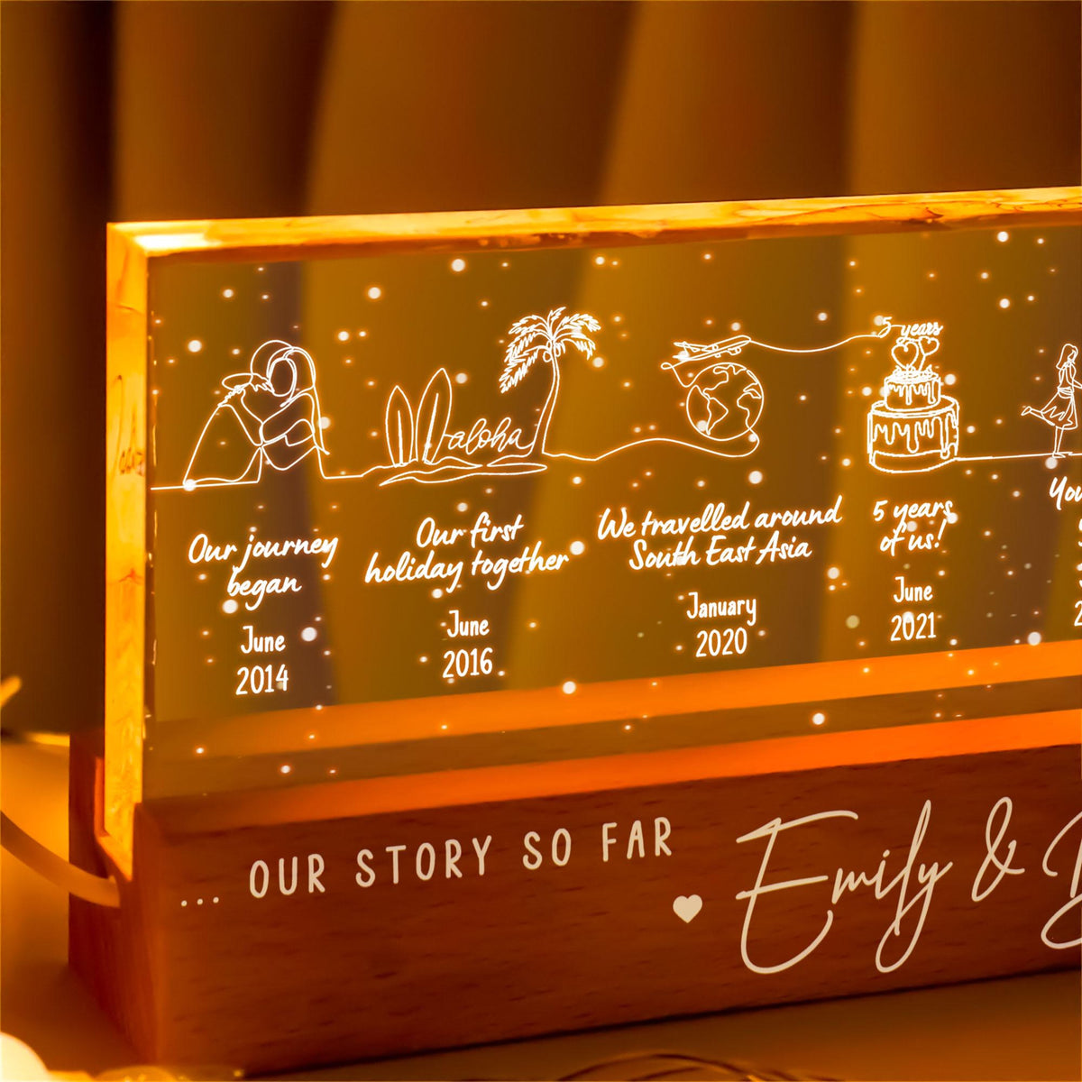 Our Story So Far Couple Night Light With Wooden Base, Personalised Timeline, Relationship 3D Lamp, Valentine Gift, Wedding Anniversary Gift