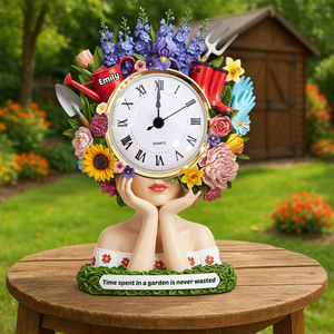 Flower Head Girl Desk Clock Plaque - Personalized Acrylic Desk Clock - Gifts For Gardening Lover