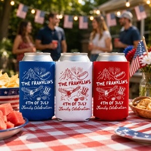 4th of July Friends Reunion Can Coolers - Custom 4th of July Family Reunion Party Favors - Personalized Cozies in Regular and Slim Size