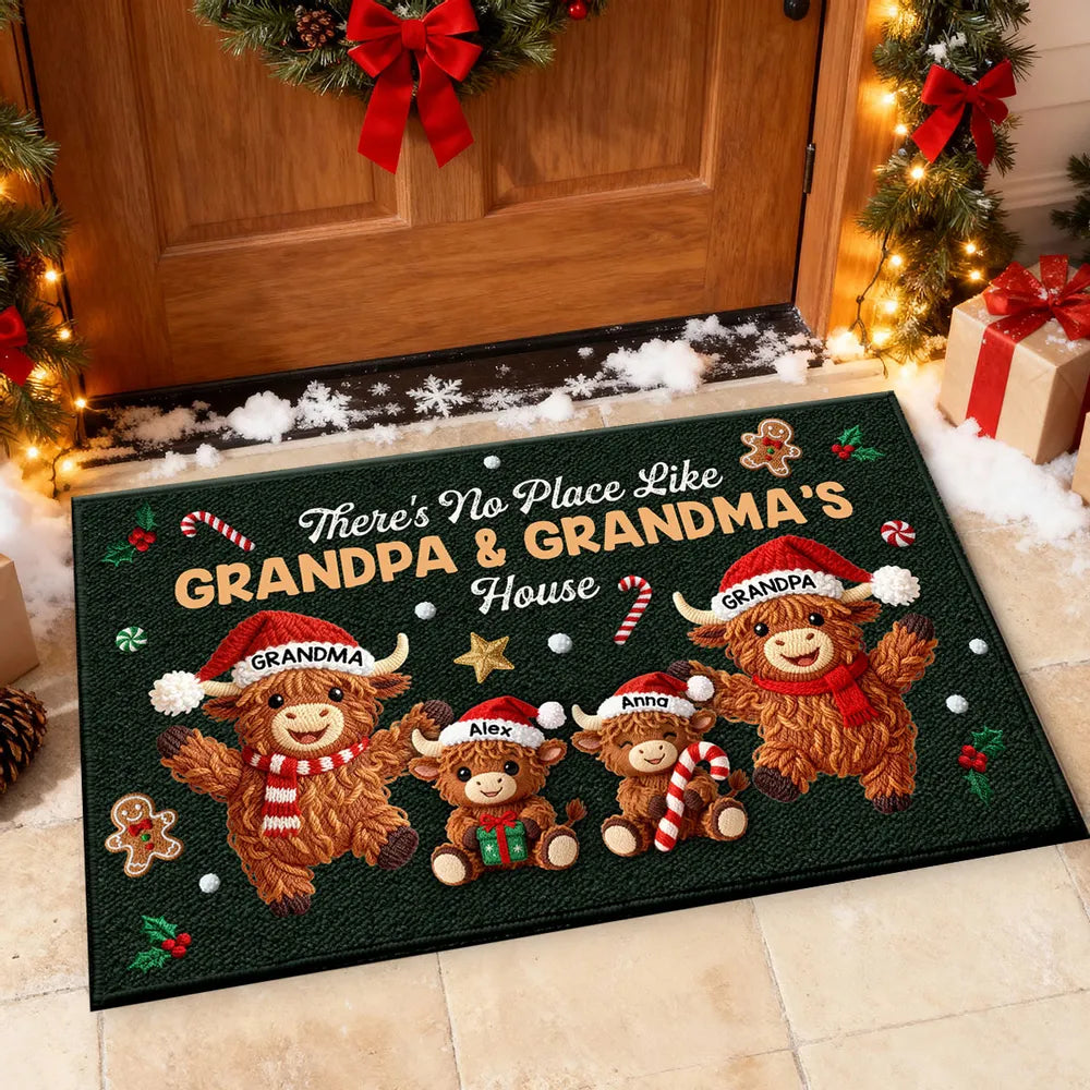 3D Faux Crochet Effect Christmas Grandma Grandkids Highland Cow Together - Personalized Doormat - Christmas Gift For Grandpa & Grandpa
