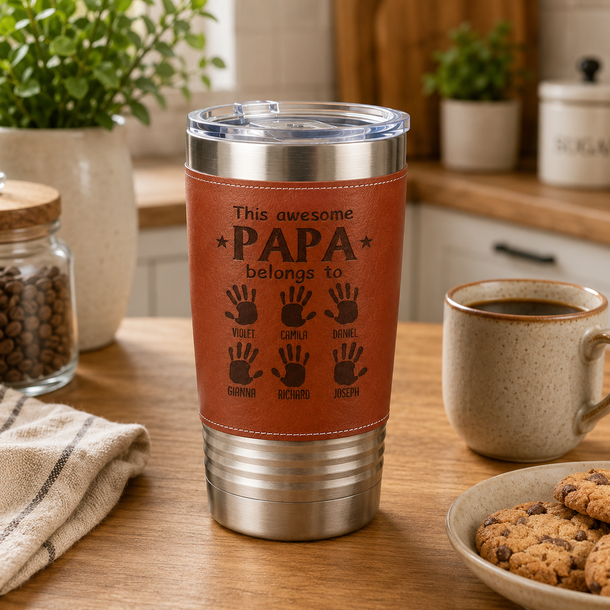 This Awesome Papa Belongs To Kids Hand Prints - Personalized Leather Tumbler - Gift For Dad, Grandpa, Father's Day Gift