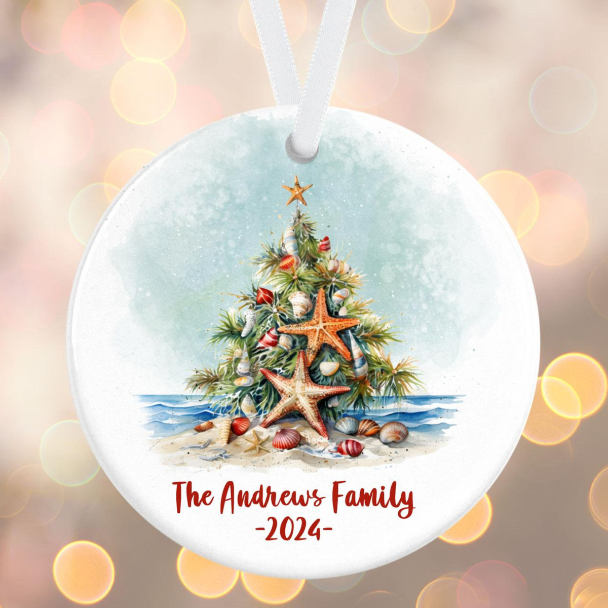 Tropical Family Christmas Ornament, Personalized Holiday Ornament, Beach Christmas Ornament, Starfish Ornament