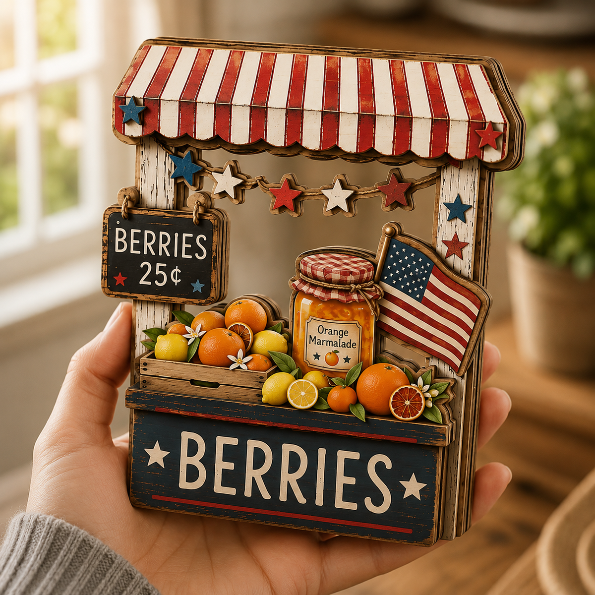 3D Wooden Patriotic Fruit Stand Decor, Summer Gift for Mom, Fourth of July Tabletop, Personalized Kitchen Sign, Watermelon Berry Art Piece