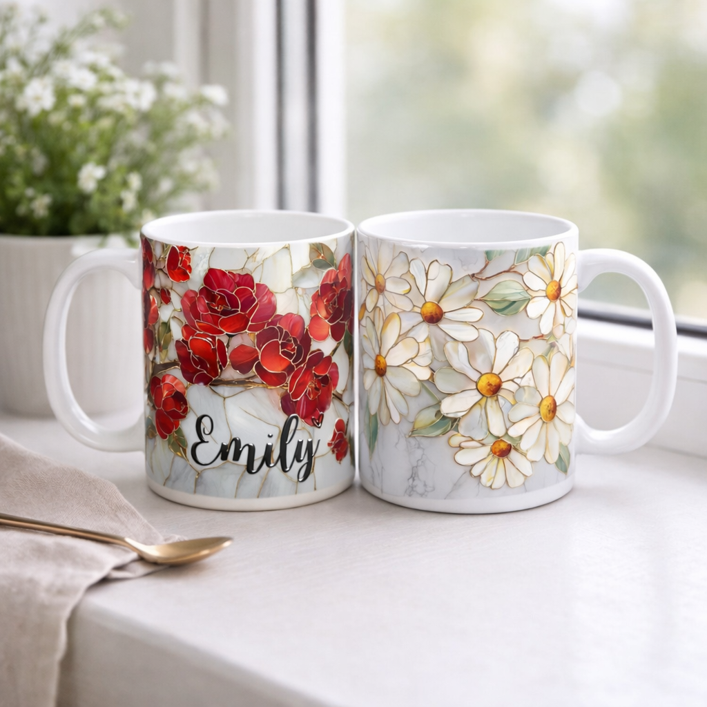 Personalized Birth Flower Coffee Mug, Custom Stained Glass Style Floral Coffee Mug,Birth Month Flower Cup,Aesthetic Ceramic Mug Gift for Mom