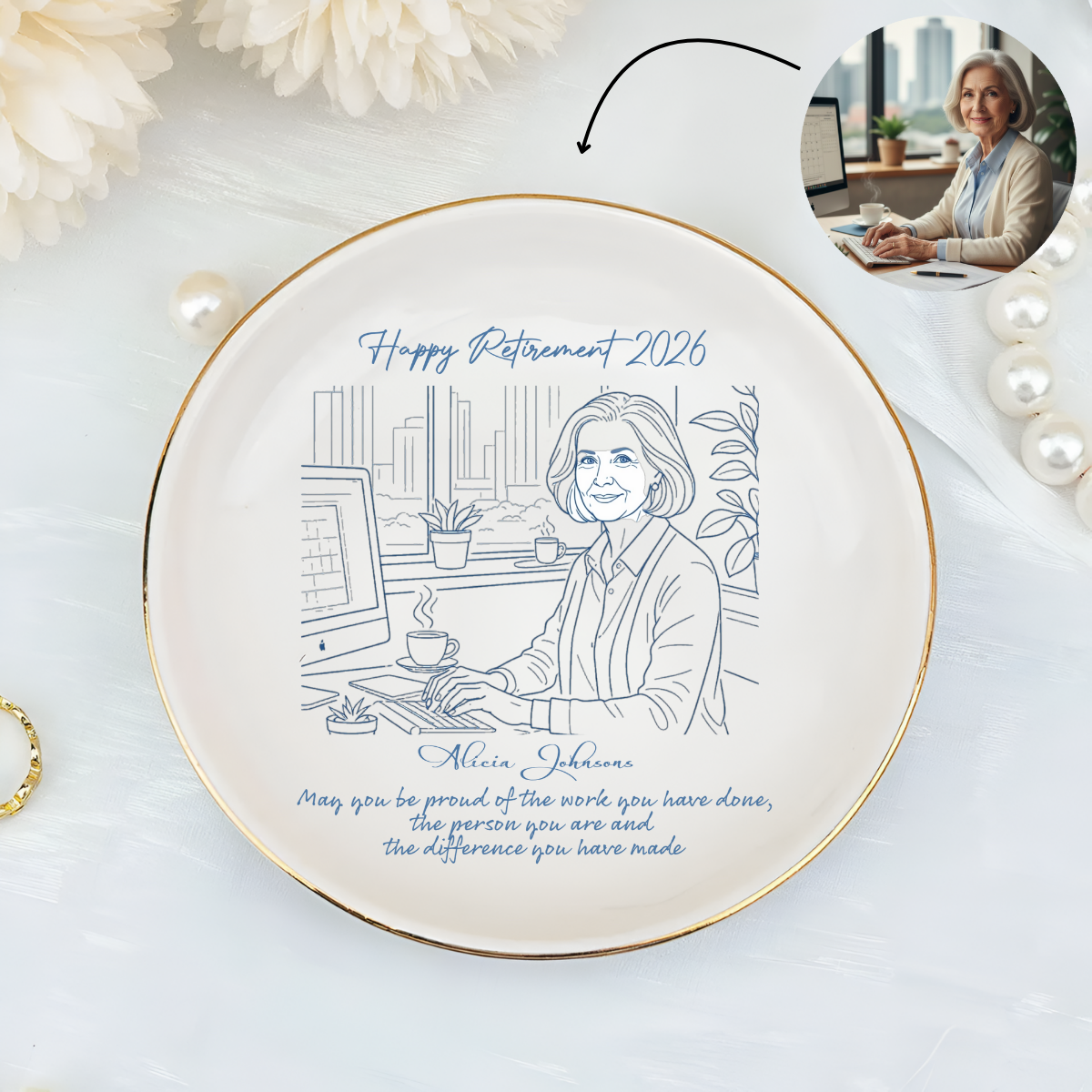 Boss Retirement Gift - Custom Photo Jewelry Plate - Personalized Ceramic Keepsake Tray - Unique Retirement Present for Her