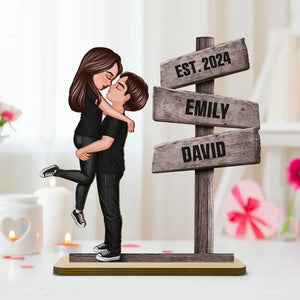 Kissing Couple Beside Directional Signs Personalized Wooden Plaque, Heartfelt Gift For Couple, Valentine's Day Gift