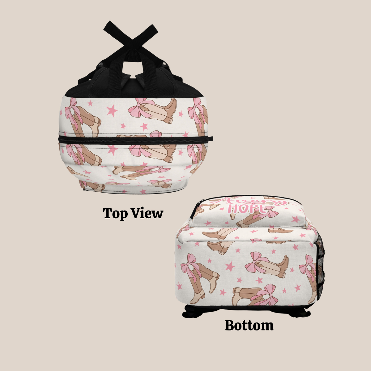 Personalized Coquette Cowgirl Boots Bow Backpack, Back To School Bookbag Custom Name, Girly Pop Birthday Gift