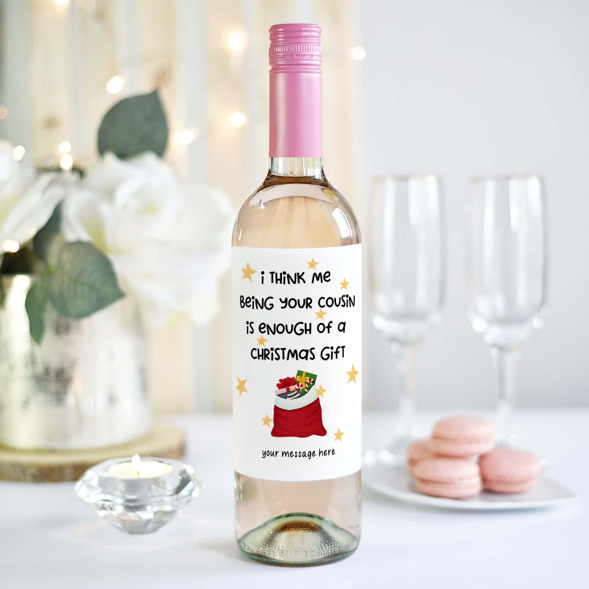 Christmas wine label, funny wine bottle label for cousin, xmas alternative gift, adult stocking filler, personalised modern champagne label