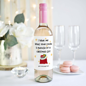 Christmas wine label, funny wine bottle label for cousin, xmas alternative gift, adult stocking filler, personalised modern champagne label