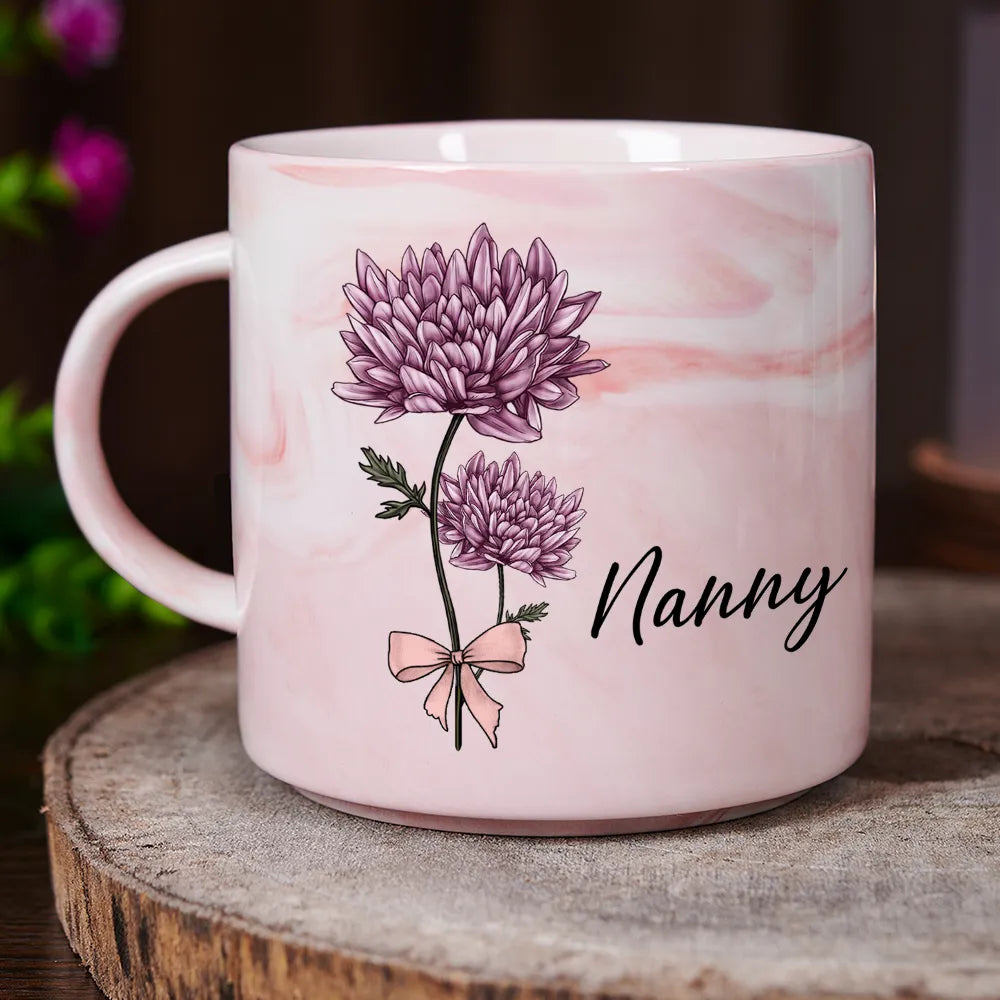 Birth Flowers Mom Grandma Nana - Personalized Marble Mug - Gift For Mom, Grandma, Mother's Day, Birthday Gift