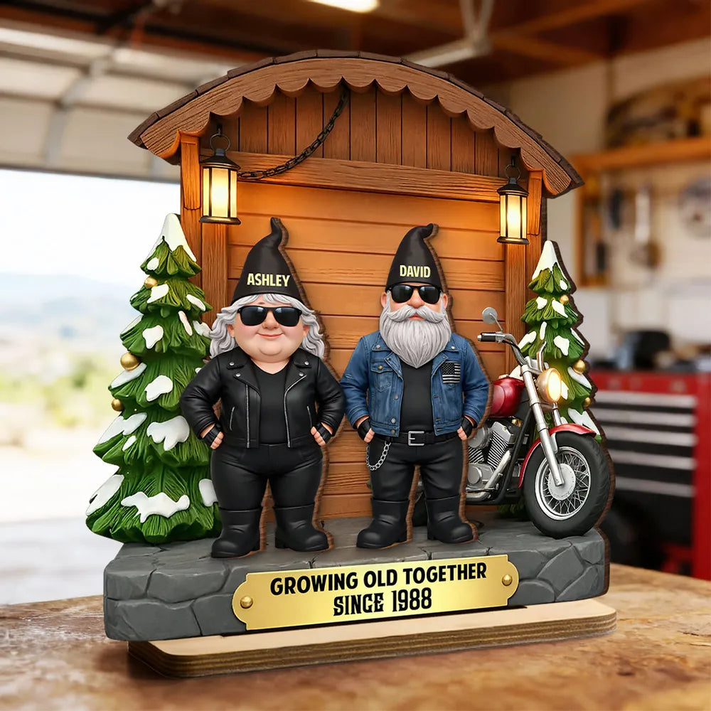 Growing Old Together Biker Couple - Personalized Wooden Plaque With Flat Base - Anniversary, Valentine's Day Gift For Couple