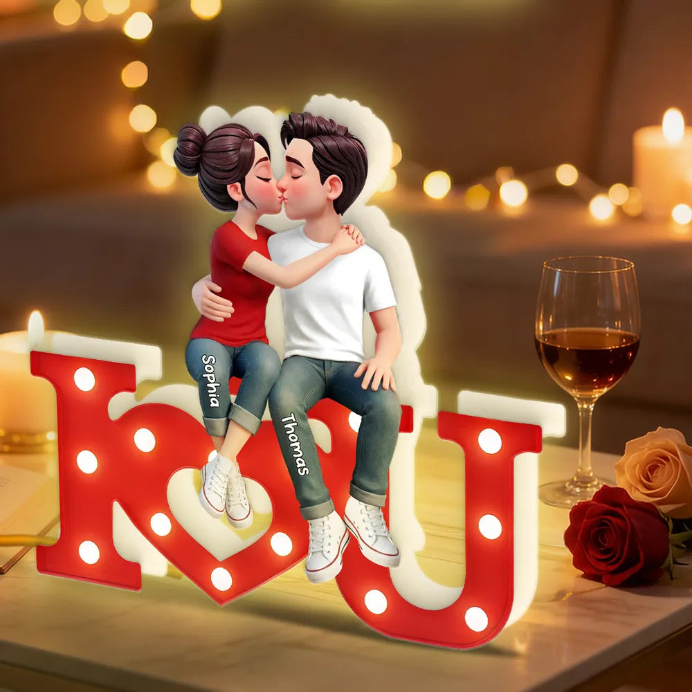 I LOVE YOU Forever Couple Sitting Kissing - Personalized Acrylic Light Box - Valentine's Day Gift For Couple, Anniversary Gift