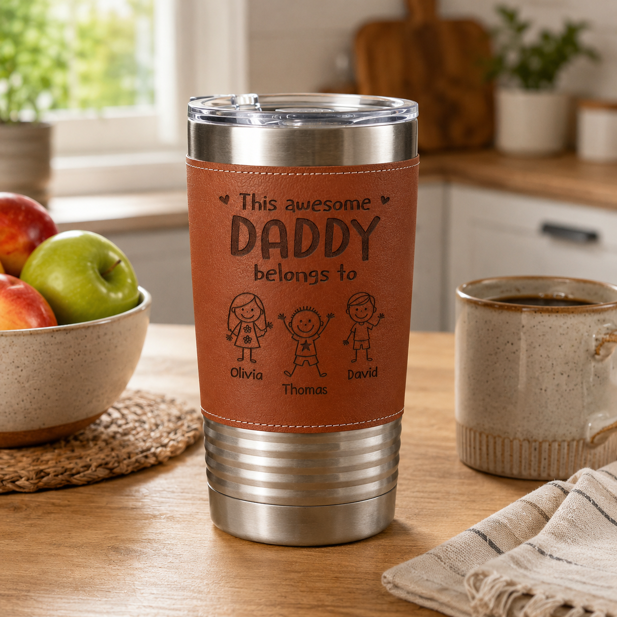 This Awesome Dad Belongs To Kids - Personalized Leather Tumbler - Gift For Dad, Grandpa, Father's Day Gift