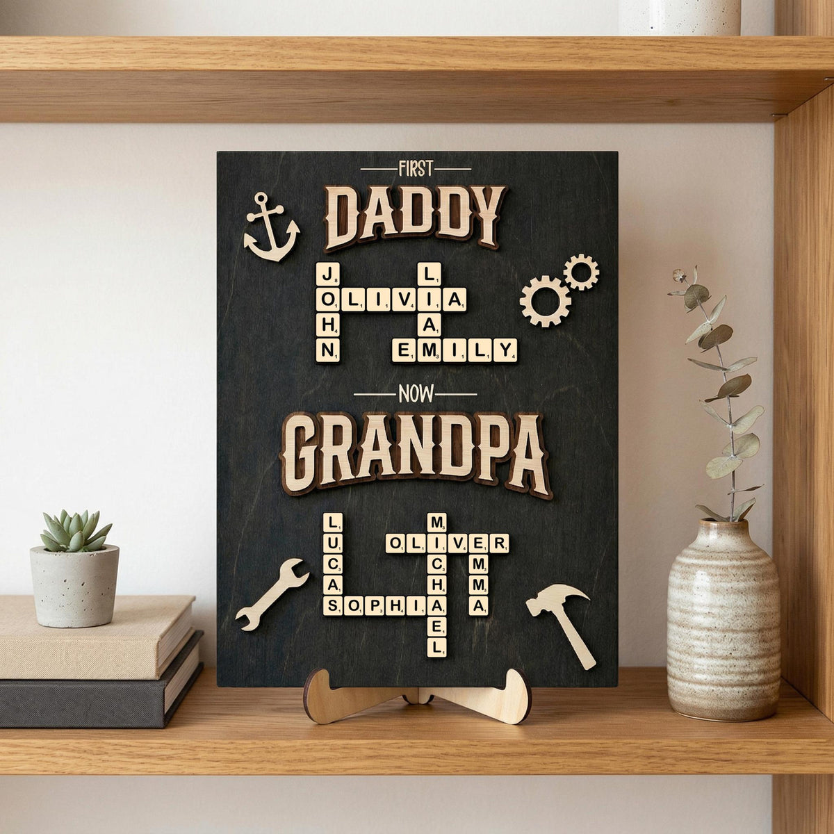 Personalized Scrabble Family Name Sign, First Dad Now Grandpa Wooden Frame, Fathers Day Gift For Grandpa With Kids Name,Dad Puzzle Sign Gift