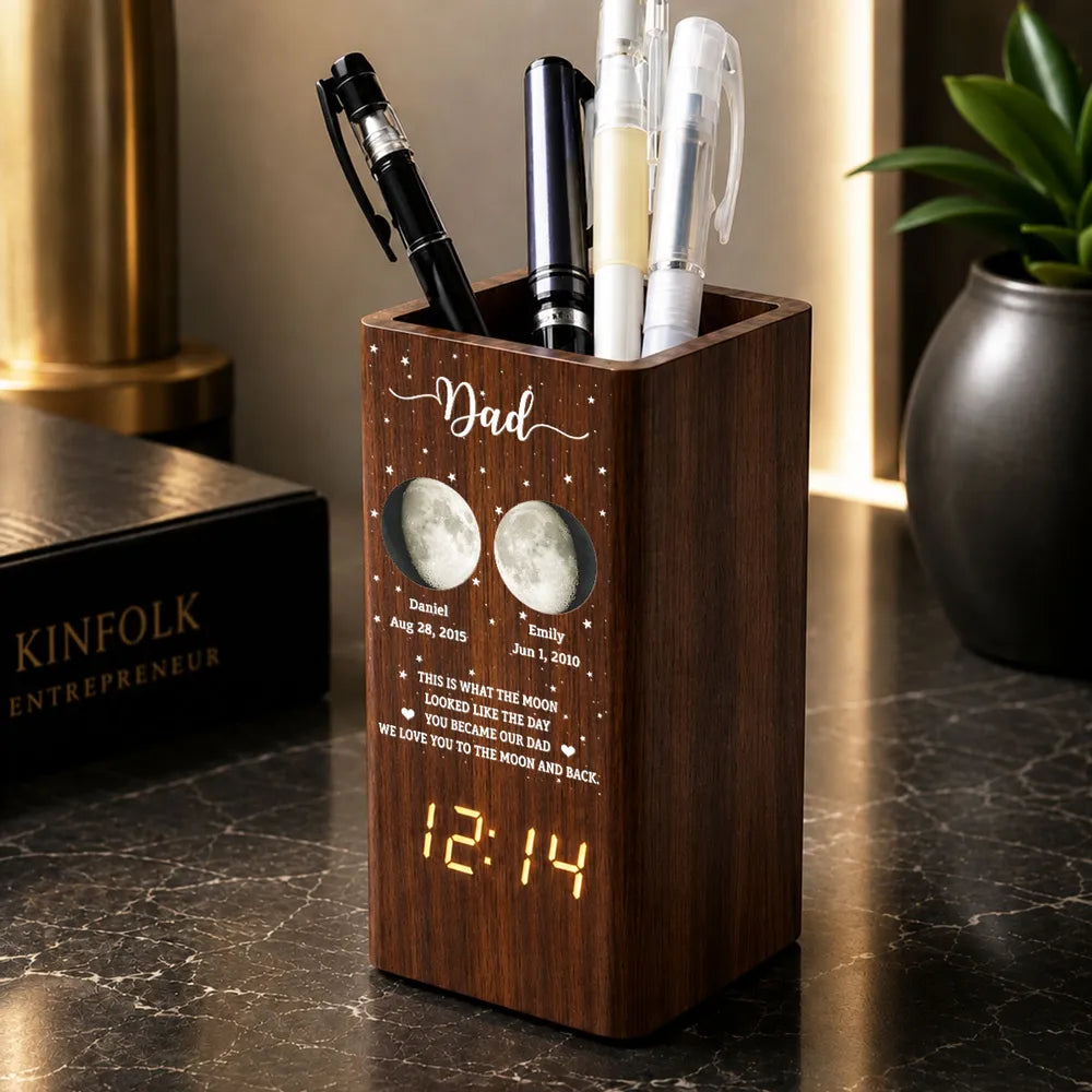 This Is What The Moon Looked Like - Personalized Pen Holder With Clock - Gift For Dad, Gift For Mom