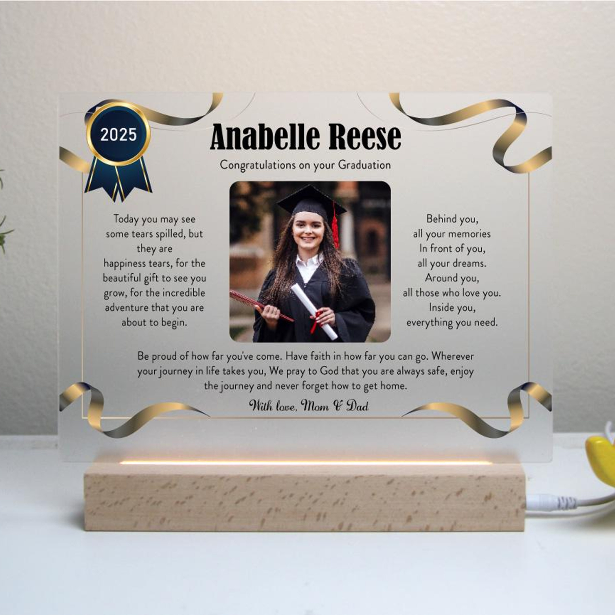 Custom Graduation Certificate, Personalized 3D LED Light Wooden Base, Graduation Certificate with a Custom Quote, Class Of 2025