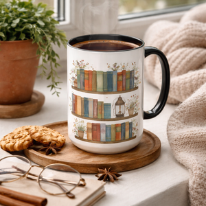 Floral Bookshelf Coffee Mug, Vintage Book Shelf Ceramic Mug, Gift For Book Lovers