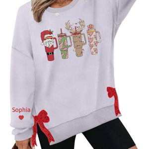 Retro Obsessive Cup Disorder Christmas Side Bow Applique Sweatshirt, Embroidered Bow Sweatshirt, Merry Christmas Embroidery, Custom Name