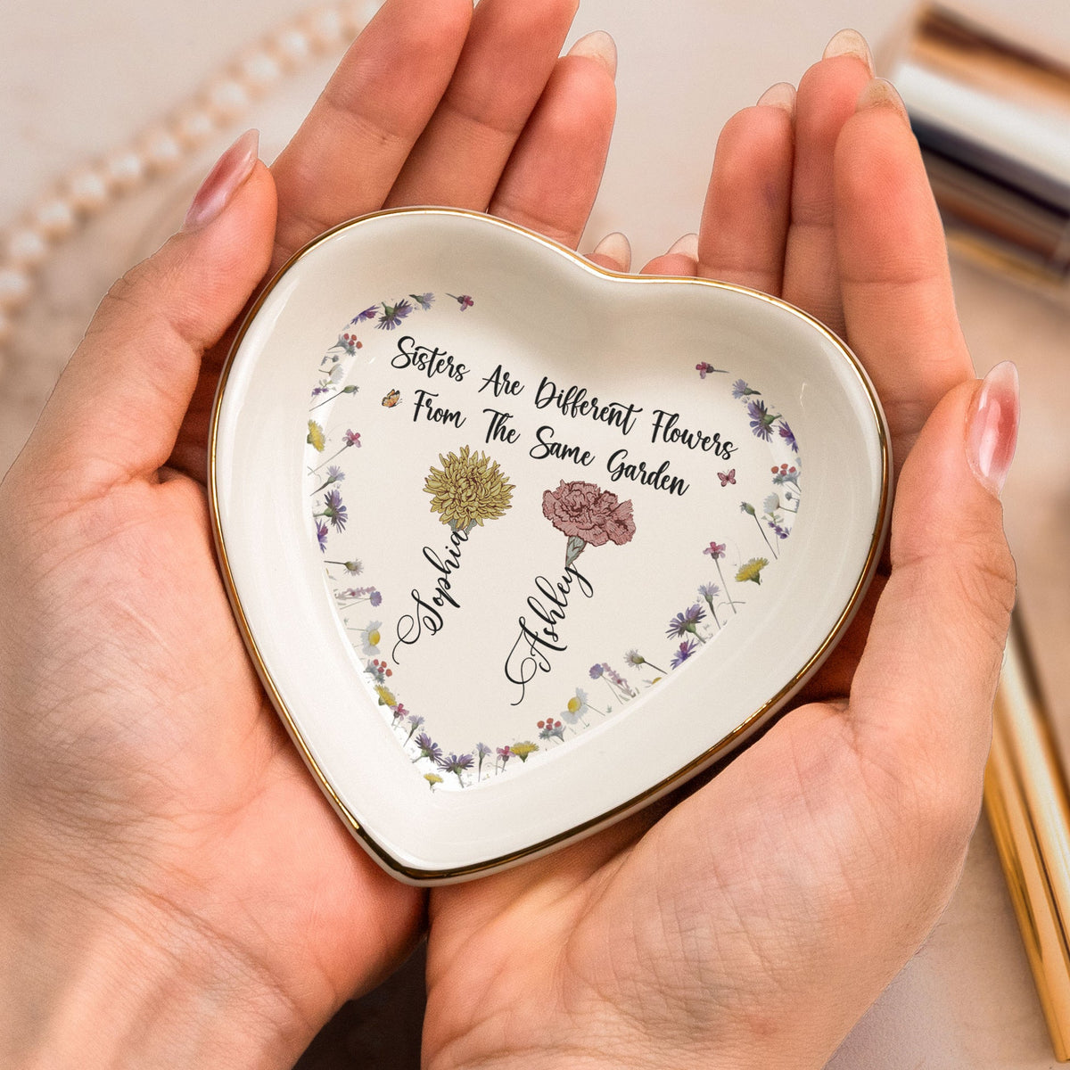 Sisters Are Different Flowers - Personalized Jewelry Plate - Gift For Sisters, Besties, Friends