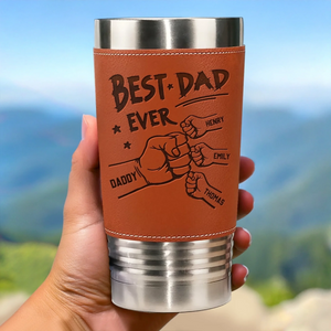 Best Dad Ever Dad & Kids Fist Bumps - Personalized Leather Tumbler - Father's Day, Gift For Dad, Grandpa