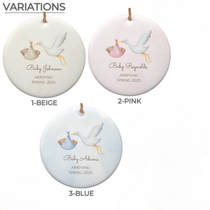 Stork Baby Announcement Ornament, Expecting Baby Announce Ceramic Ornament, Pregnancy Announcement Keepsake Baby Arriving, Baby On The Way Gift
