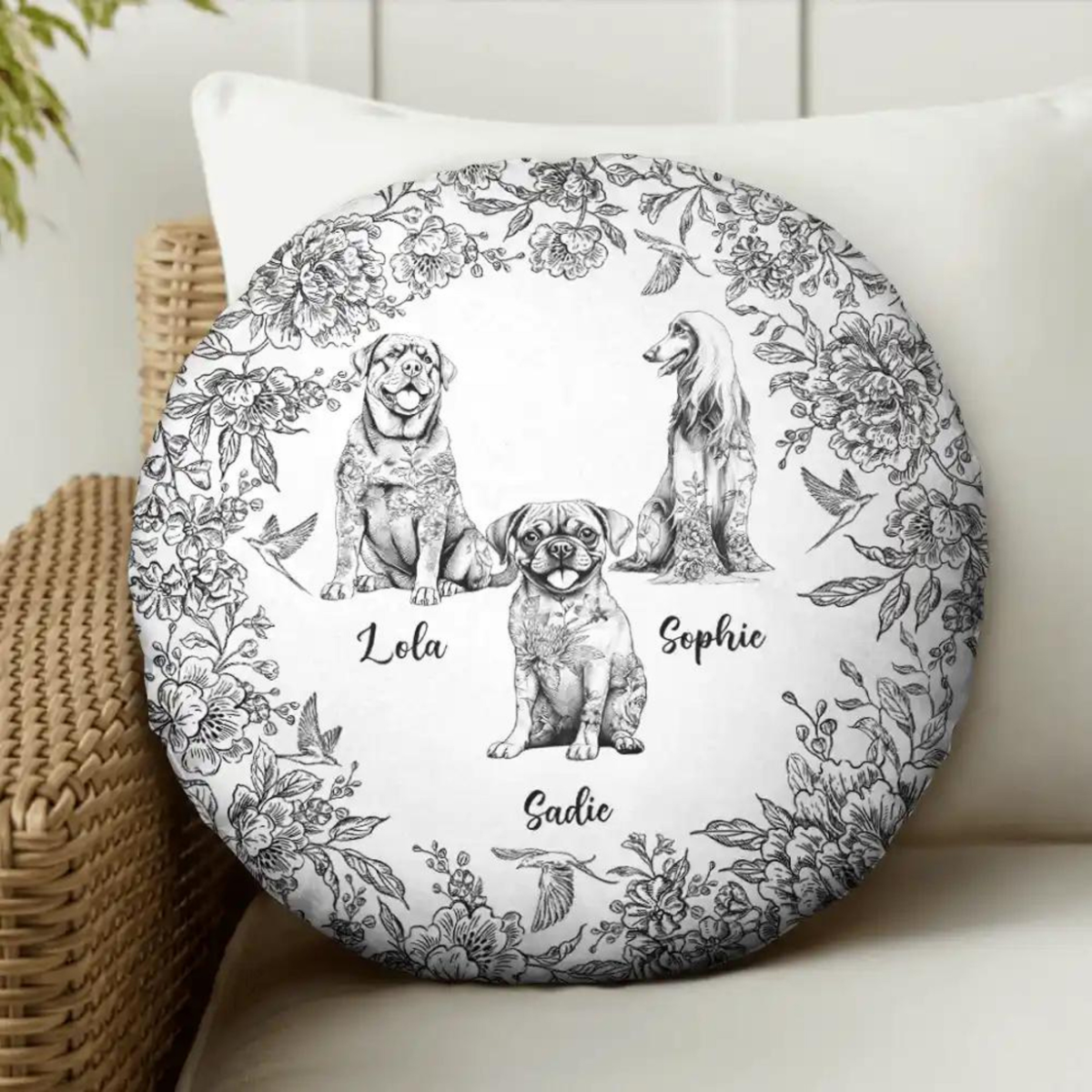 Chinoiserie Toile Dog Cat - Personalized Round Pillow, Customized Circle Decorative Pillow, Clever Gifts For Family Friends Birthday Christmas