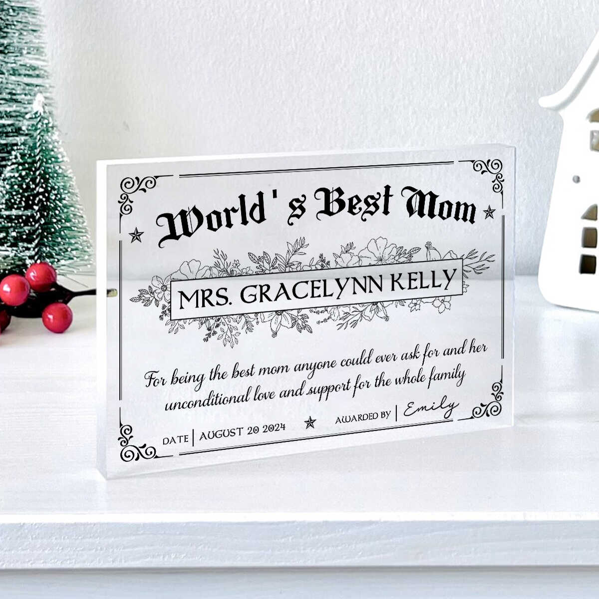 World's Best Mom Award Certificate - Personalized Acrylic Plaque - Gift For Mom, Mother's Day Gift, Birthday Gift