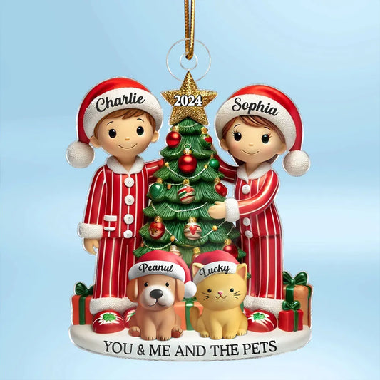 Christmas Pyjamas Couple With Dogs Cats - Personalized Acrylic Ornament - Christmas Gift For Cat Lovers, Dog Lovers