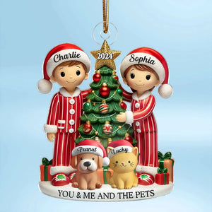 Christmas Pyjamas Couple With Dogs Cats - Personalized Acrylic Ornament - Christmas Gift For Cat Lovers, Dog Lovers