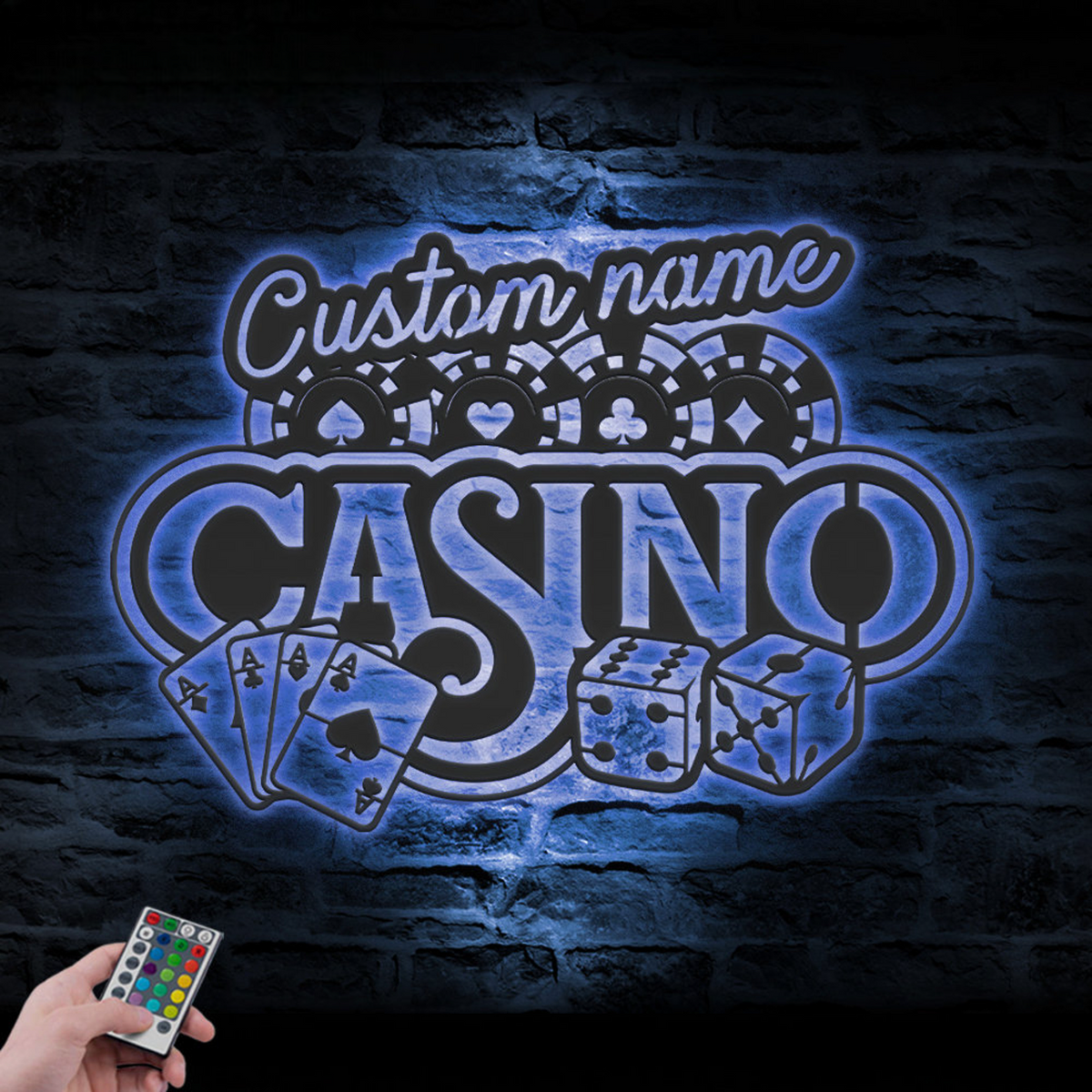 Custom Casino Playing Cards Chips Gambling Dice Poker Metal Wall Art LED Light, Personalized Gamer Name Sign Home Decor, Game Zone Decoration